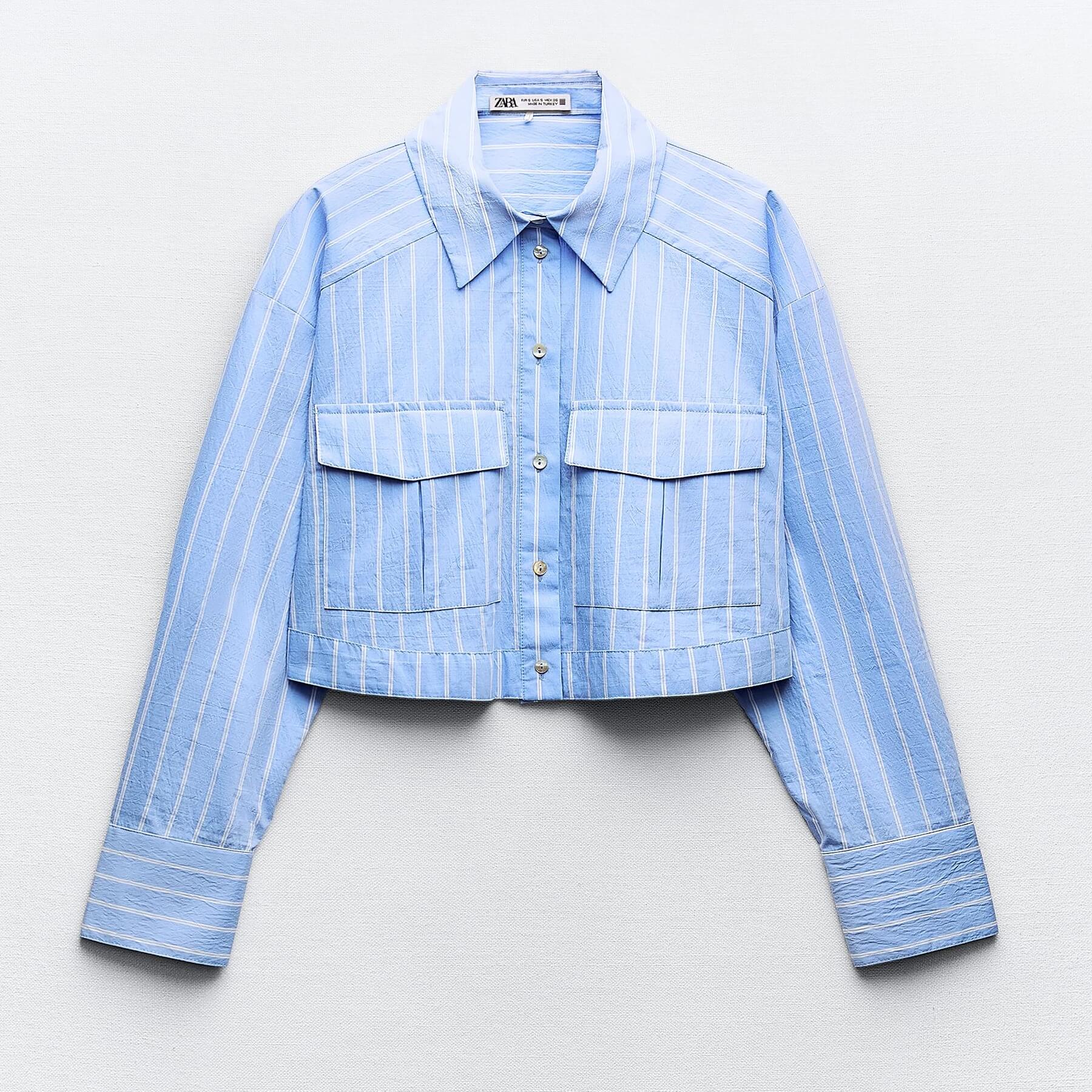 Рубашка Zara Cropped Striped, голубой/белый рубашка zara cropped oxford розовый