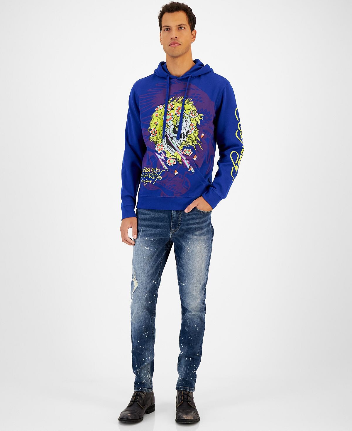 

Мужская толстовка с капюшоном и принтом lightning skull Ed Hardy