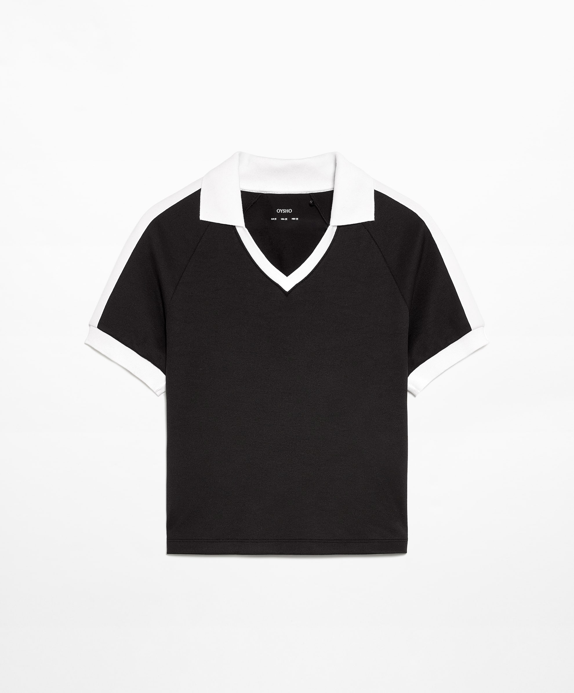 Рубашка-поло Oysho Side Stripe Short-sleeved Crop With Cotton, черный