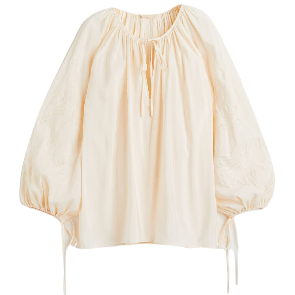 

Блузка H&M With Embroidery And Puff Sleeves, светло-бежевый