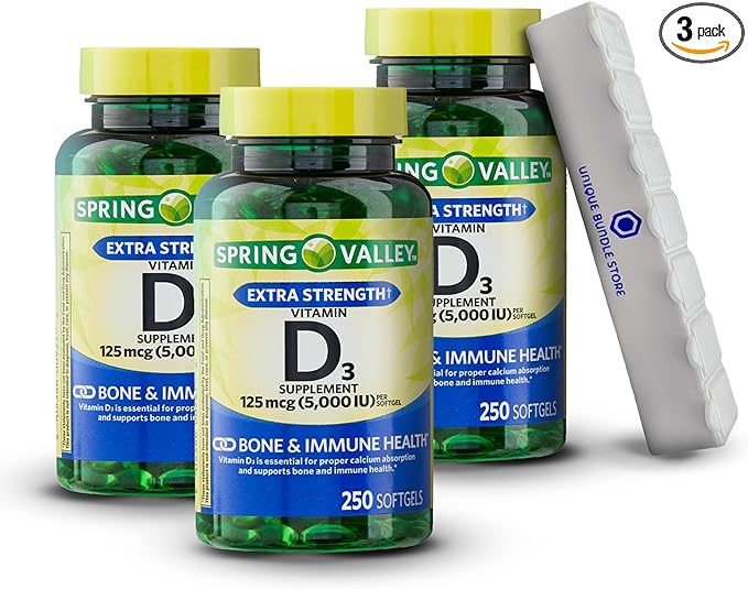 Spring Valley, Мягкие таблетки с витамином D3, 5000 МЕ, 250 штук + органайзер для таблеток на 7 дней (3 шт. в упаковке) bluebonnet nutrition капли витамина d3 с натуральным цитрусовым вкусом 5000 ме 30 мл