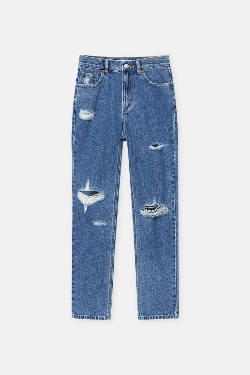 

Рваные джинсы mom Pull&Bear, темно-синий
