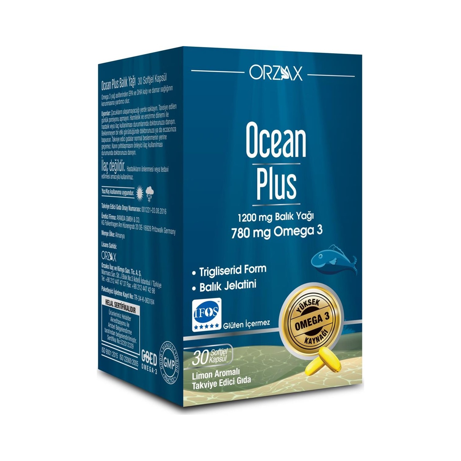 Омега-3 Orzax Ocean Plus 1200 мг, 30 мягких желатиновых капсул омега 3 ocean ultimate 1050 мг 3 упаковки по 30 капсул