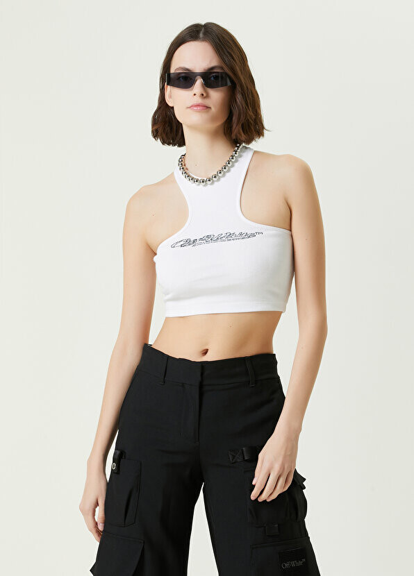 

Белая укороченная майка с воротником-халтером и логотипом Off-White