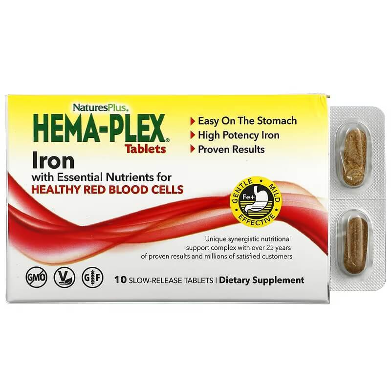 Железо NaturesPlus Hema-Plex, 10 таблеток naturesplus жидкое средство hema plex ягодное ассорти 250 мл 8 5 жидк унции
