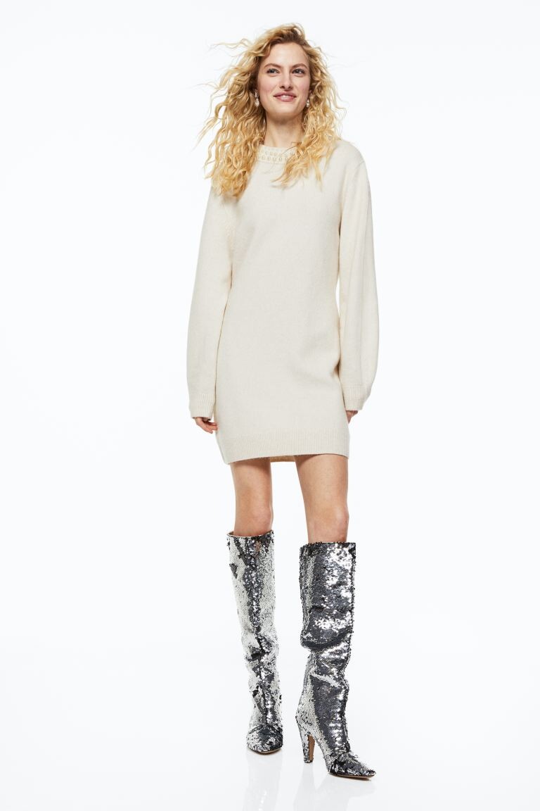 

Вязаное платье с бисером H&M, светло-бежевый/бусины