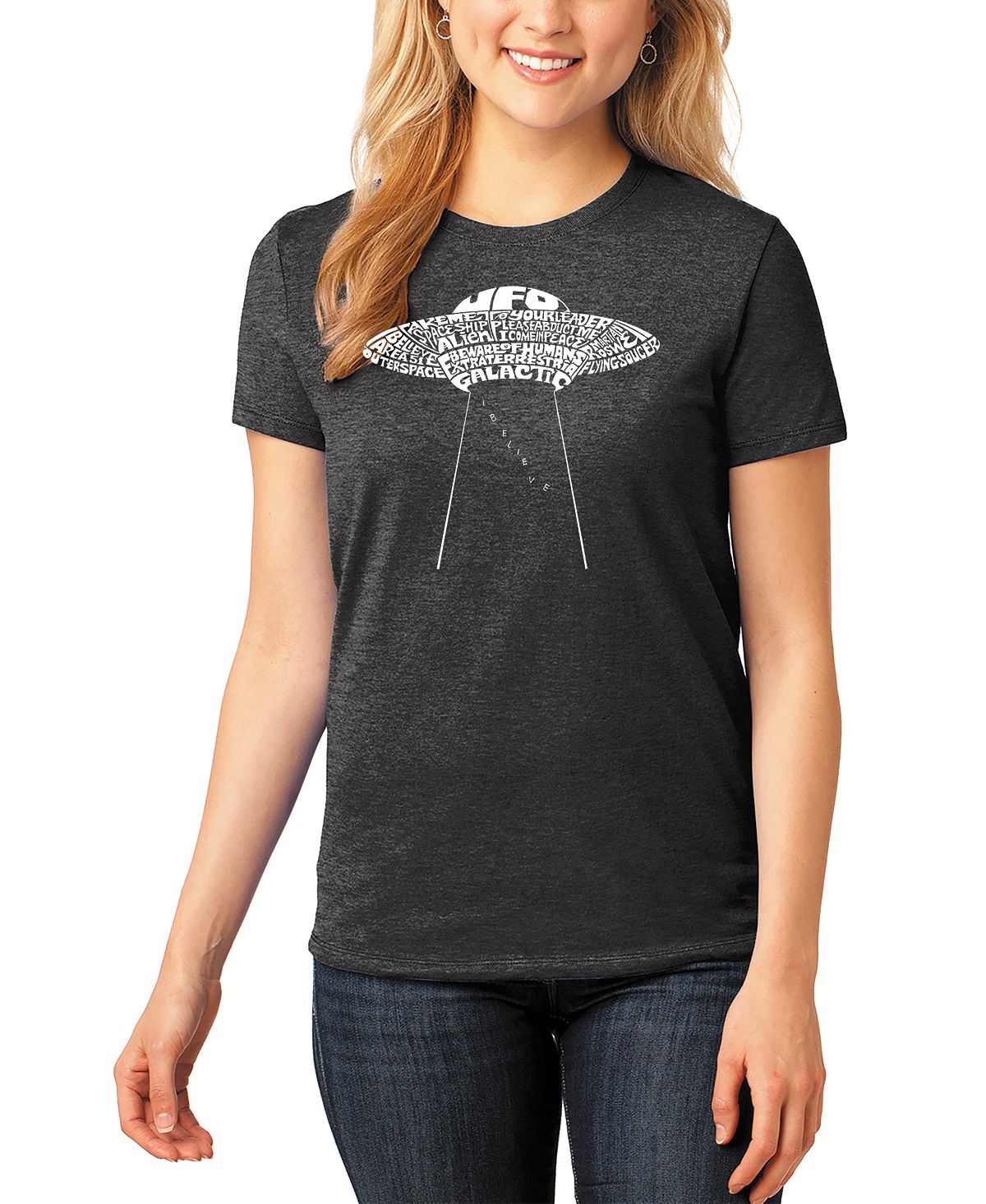 цена Женская футболка word art flying saucer ufo LA Pop Art, черный