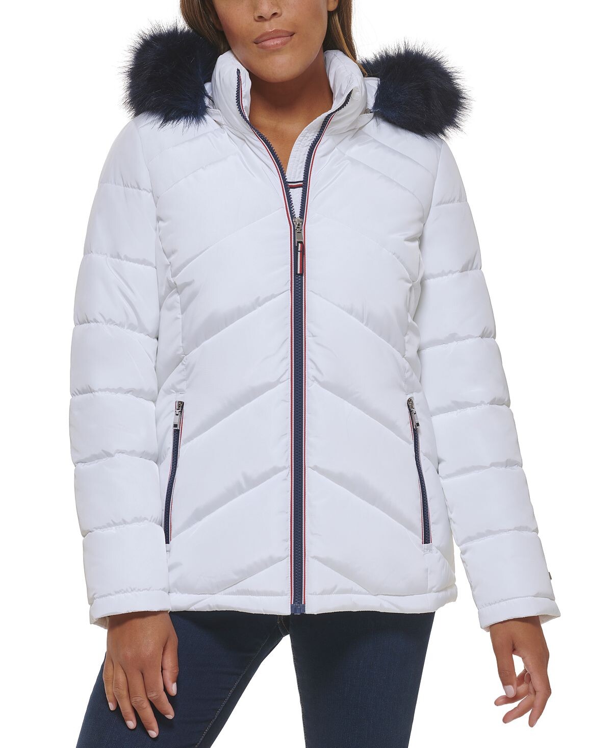 

Женское пуховое пальто с капюшоном и отделкой из искусственного меха Tommy Hilfiger, белый