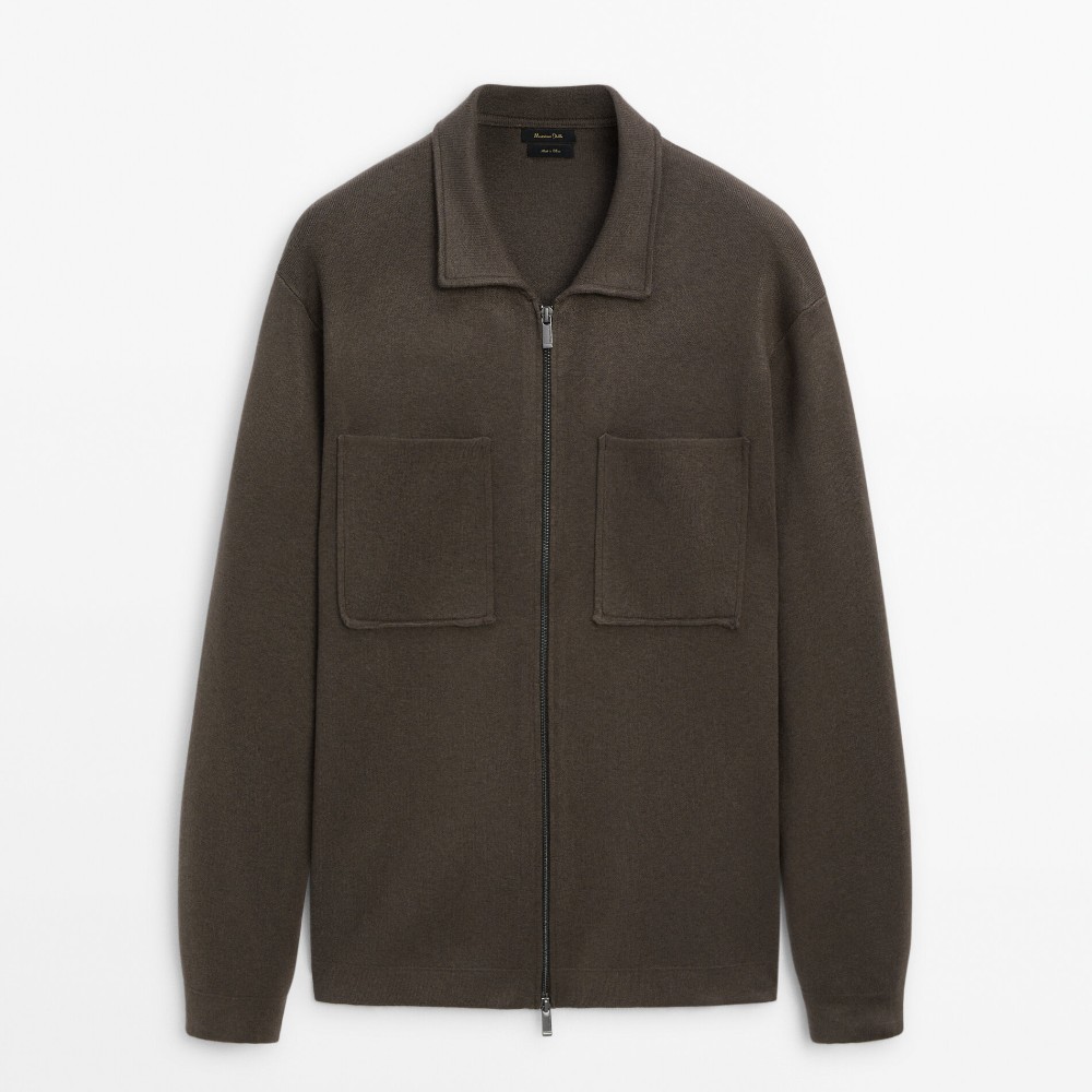 цена Кардиган Massimo Dutti Knit With Zip And Shirt Collar, коричневый