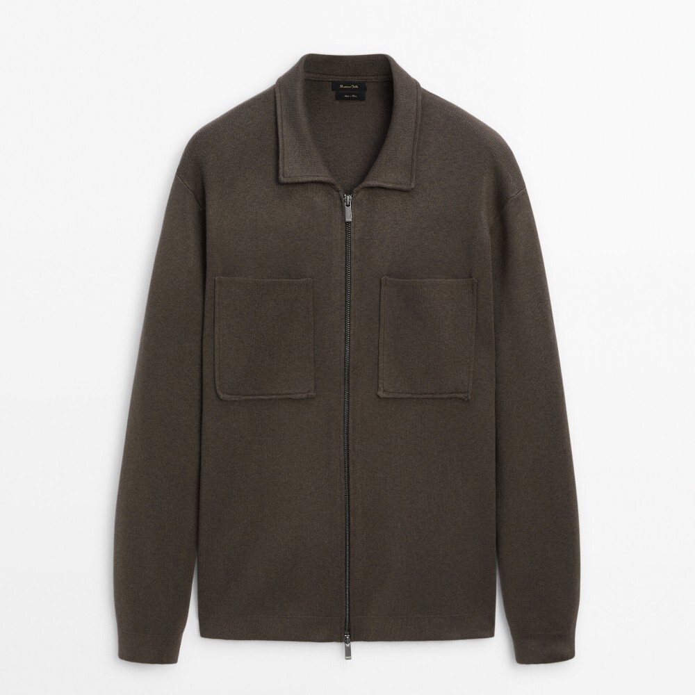 

Кардиган Massimo Dutti Knit With Zip And Shirt Collar, коричневый