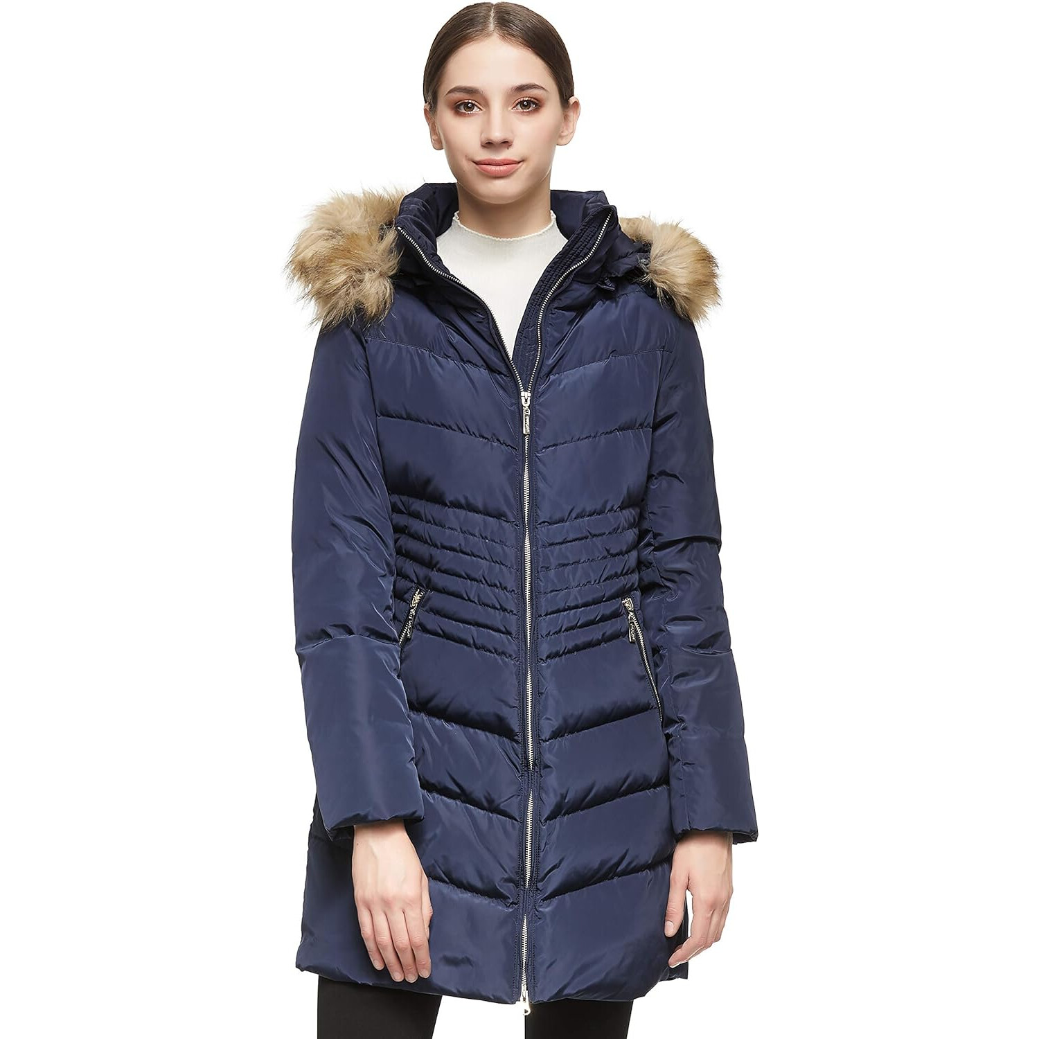 

Пуховик Orolay Water Resistant Stripe Waist Hooded Faux Fur, темно-синий