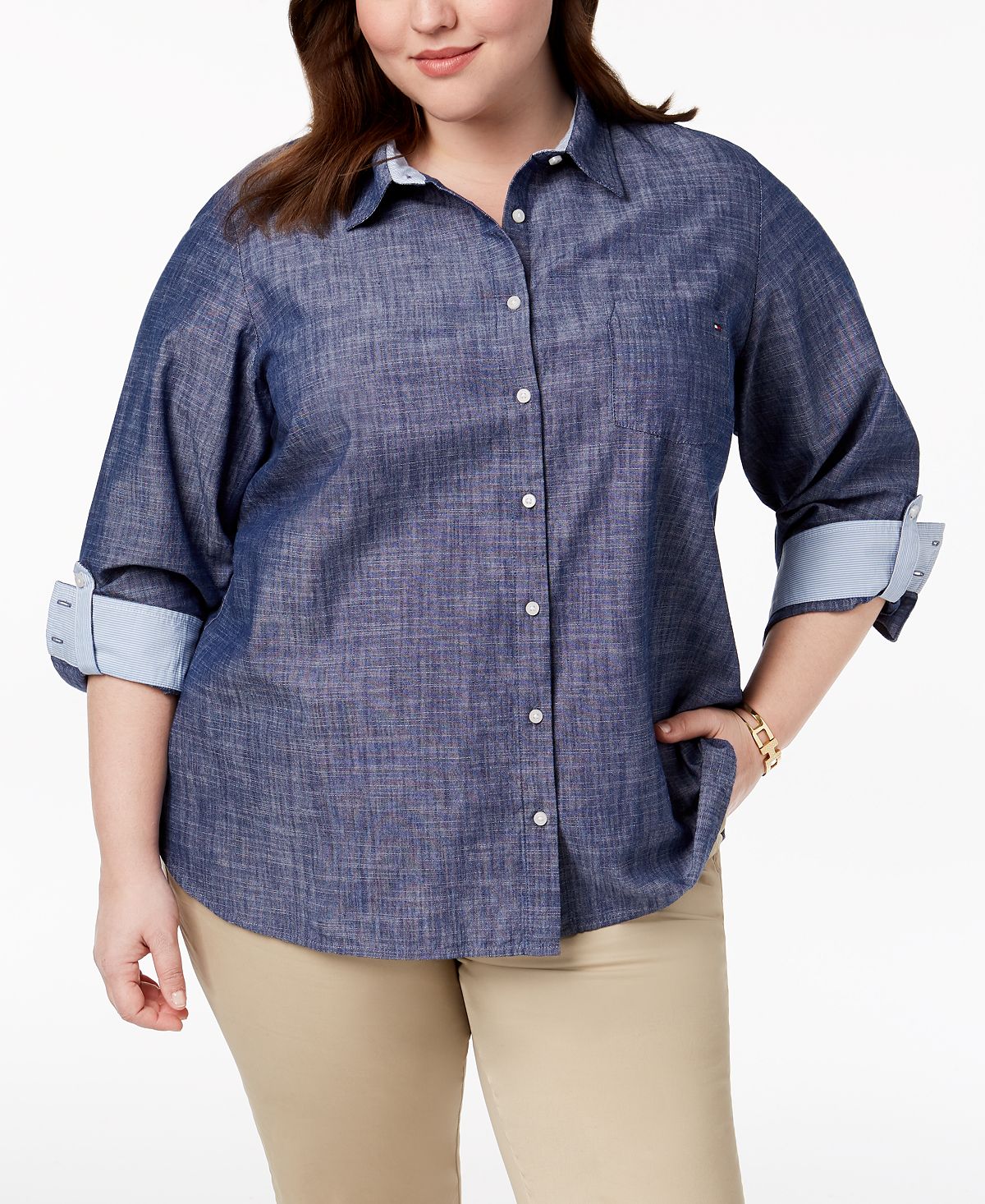 цена Рубашка больших размеров из хлопка шамбре с закатанными рукавами, созданная для macy's Tommy Hilfiger