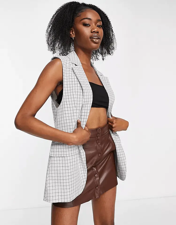 

Льняной жилет Stradivarius Oversized In Blue Check Print, серый