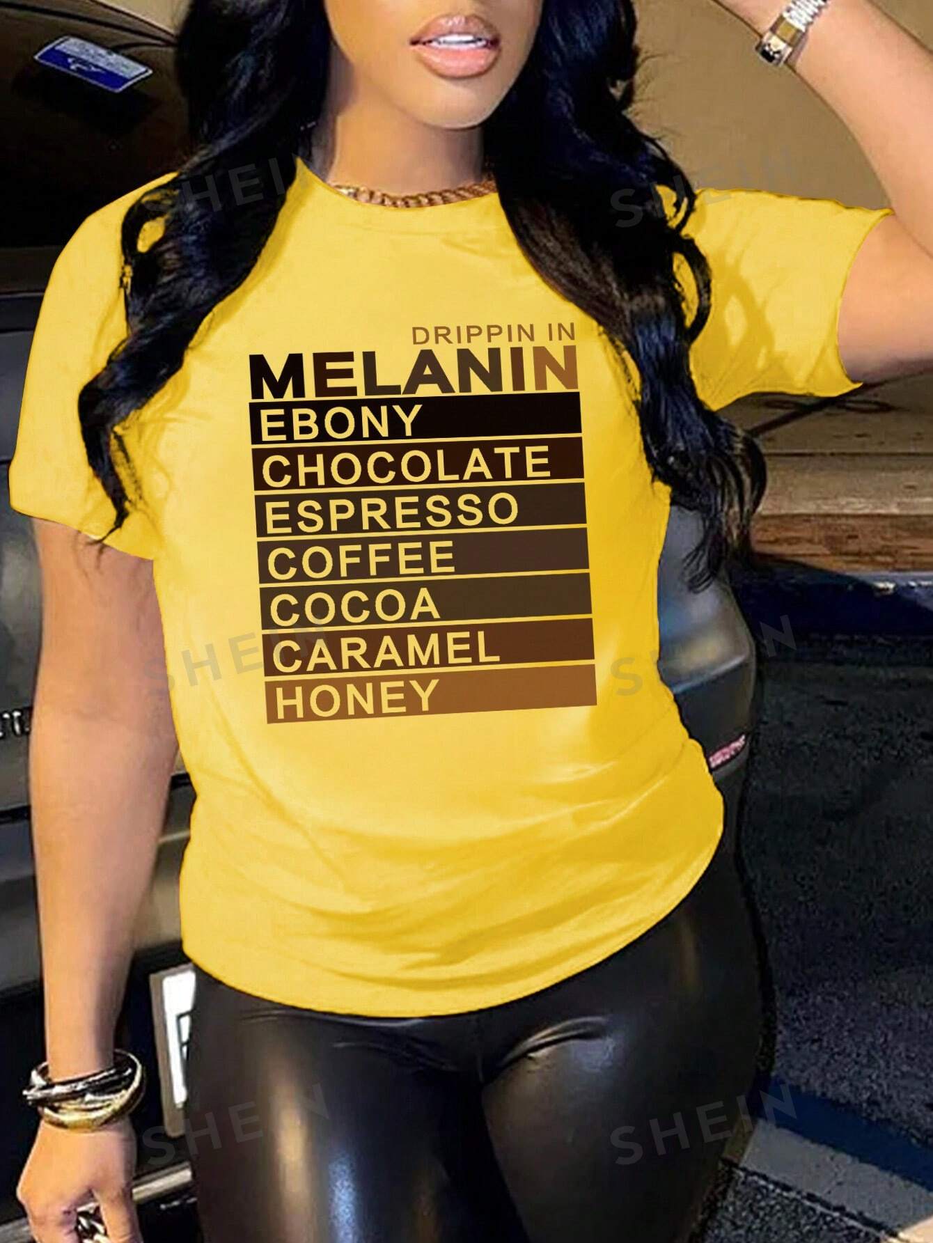SHEIN Slayr Женская футболка с круглым вырезом и принтом слогана, горчично-желтый