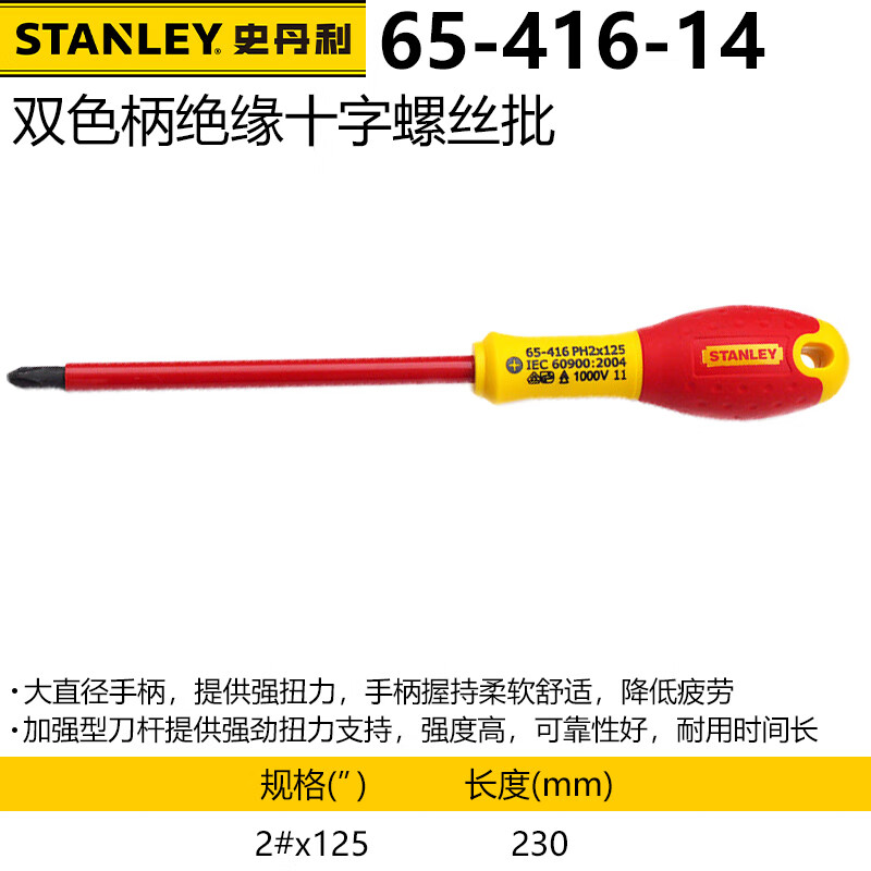 Отвертка Stanley с двухцветной ручкой и крестовой изоляцией, устойчивая к высокому напряжению, 65-416-14