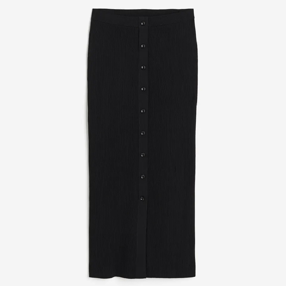 Юбка H&M Rib-knit With Button Placket, черный юбка из льна с декоративными пуговицами