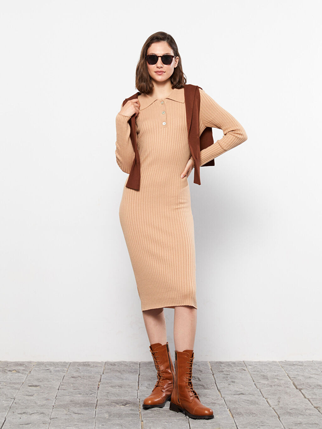 

Женское трикотажное платье с вырезом поло и длинным рукавом LCW Casual