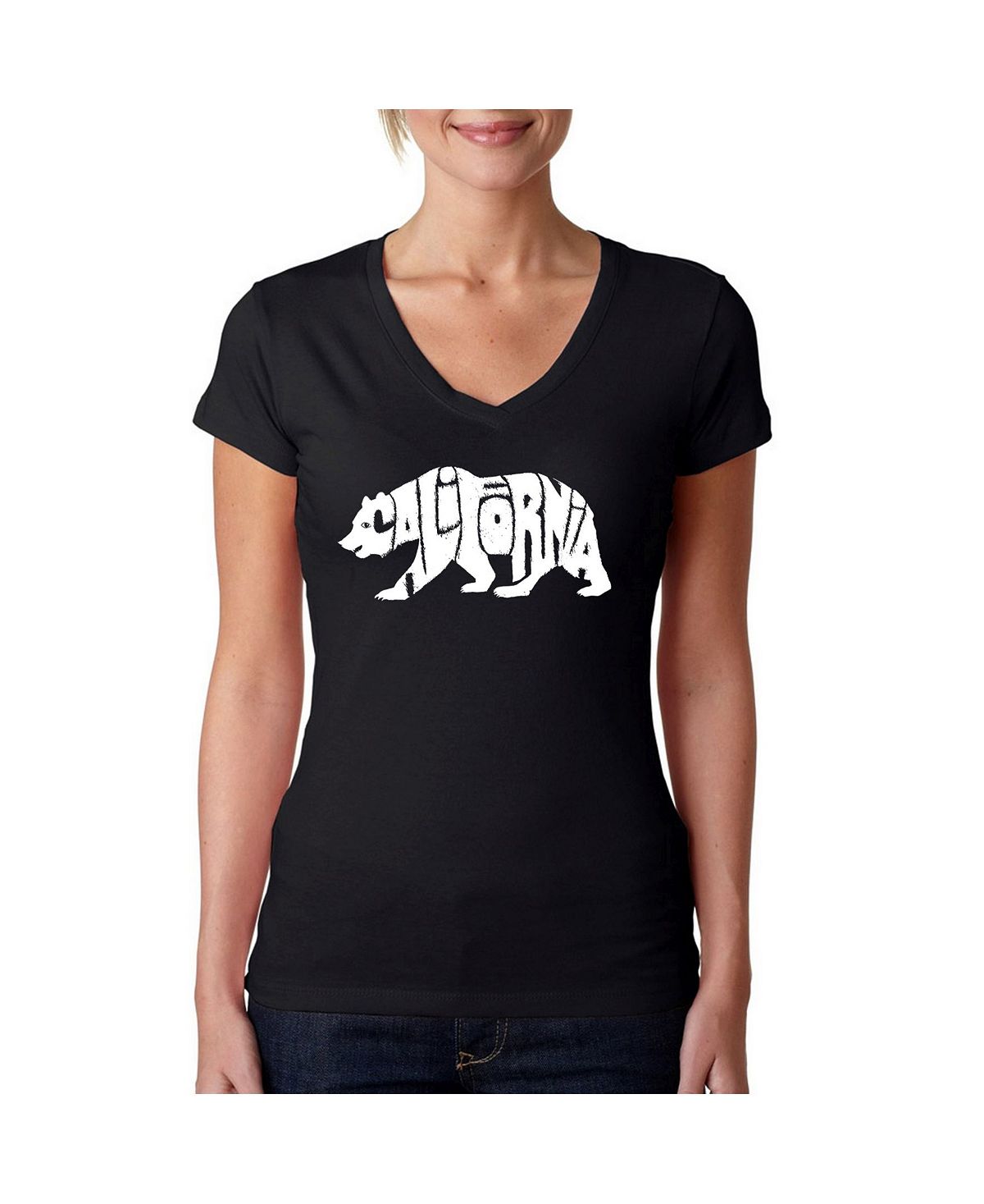 Женская футболка word art с v-образным вырезом — калифорнийский медведь LA Pop Art, черный