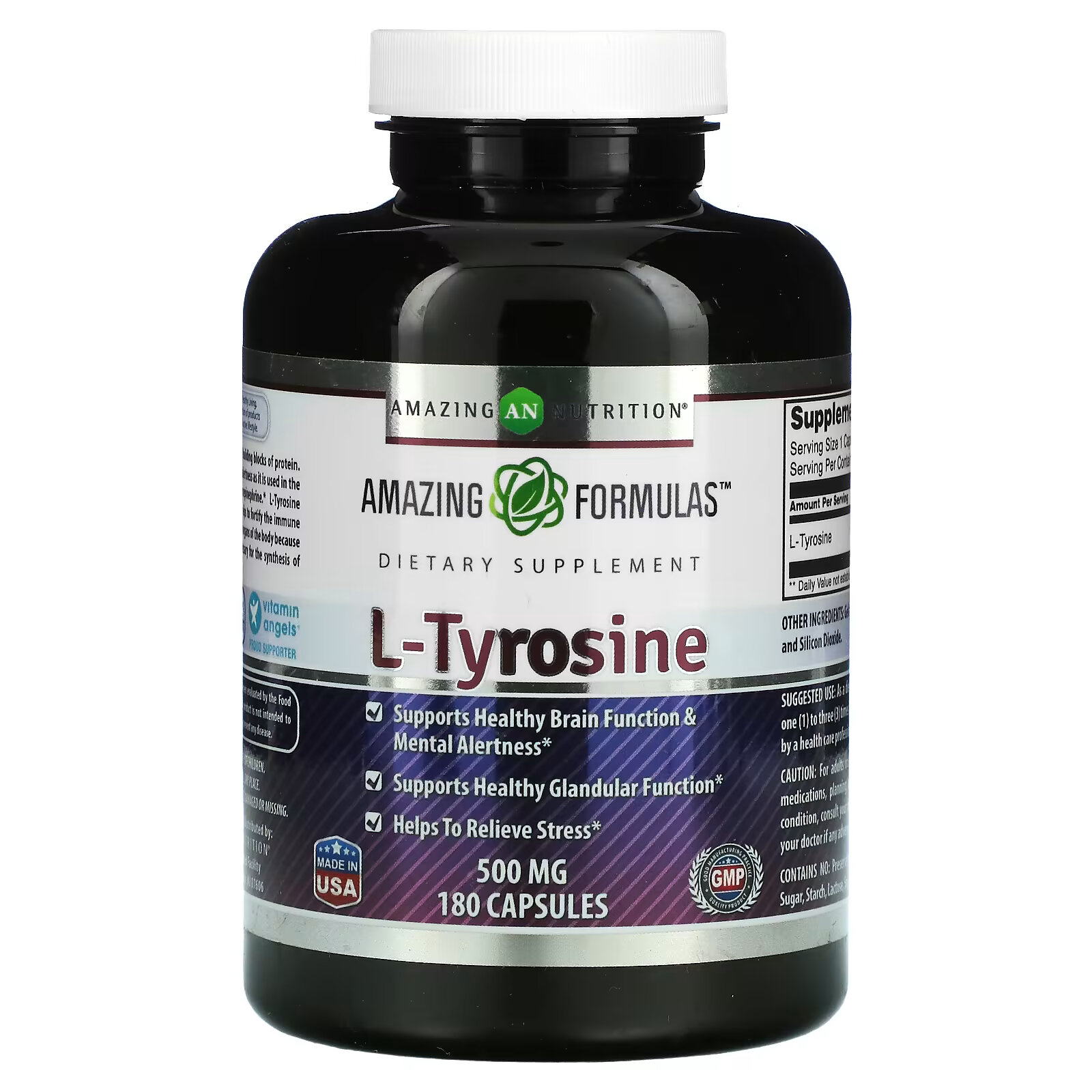 Amazing Nutrition, L-тирозин, 500 мг, 180 капсул тирозин 500 мг vitameal l tyrosine л тирозин похудение 180 капсул