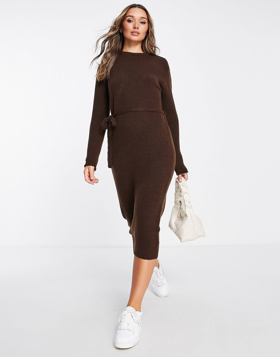

Коричневое трикотажное платье миди с завязками на талии ASOS DESIGN, Коричневый