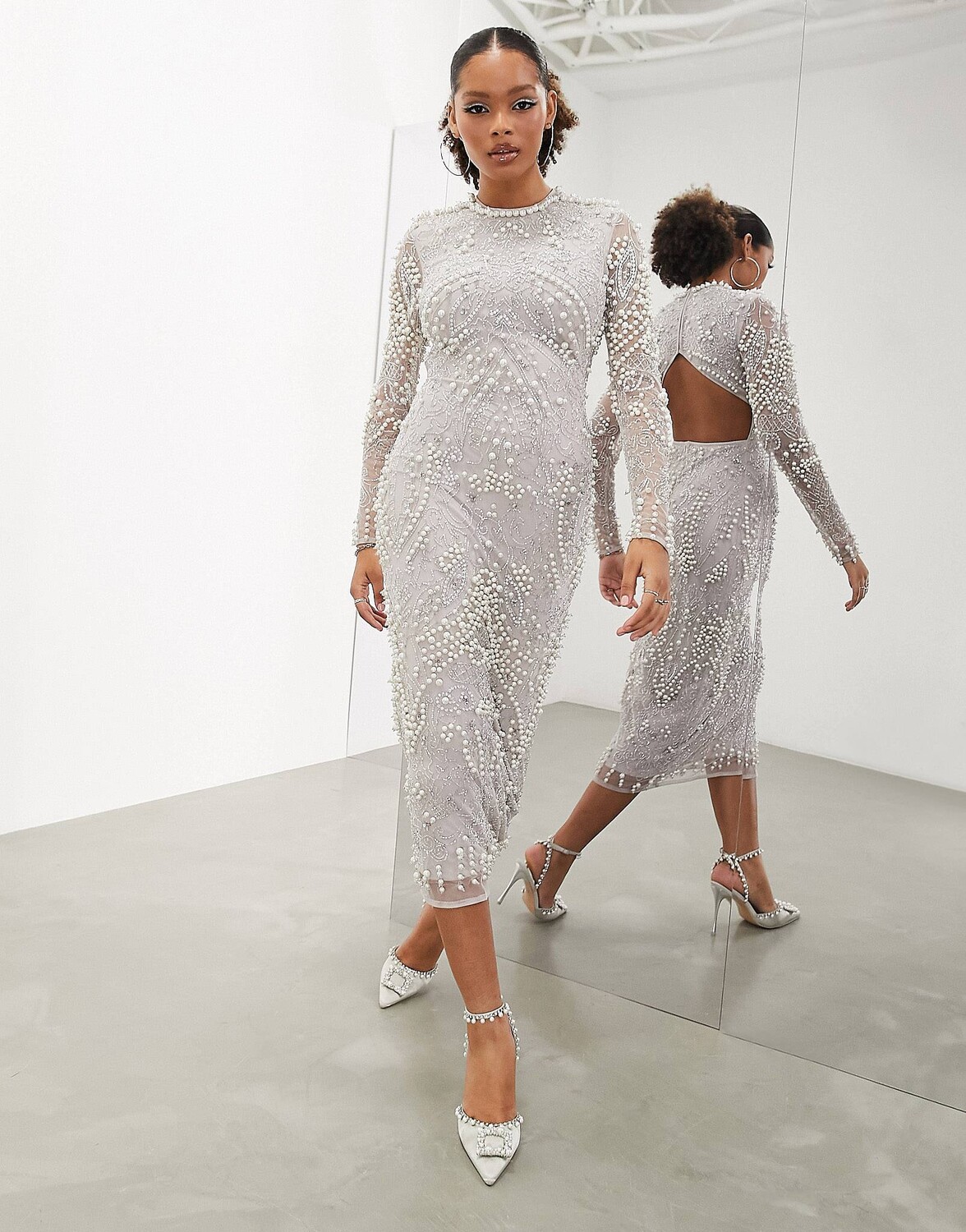 

Платье-миди Asos Edition Pearl Embellished Bodycon With Cut Out Back, серый