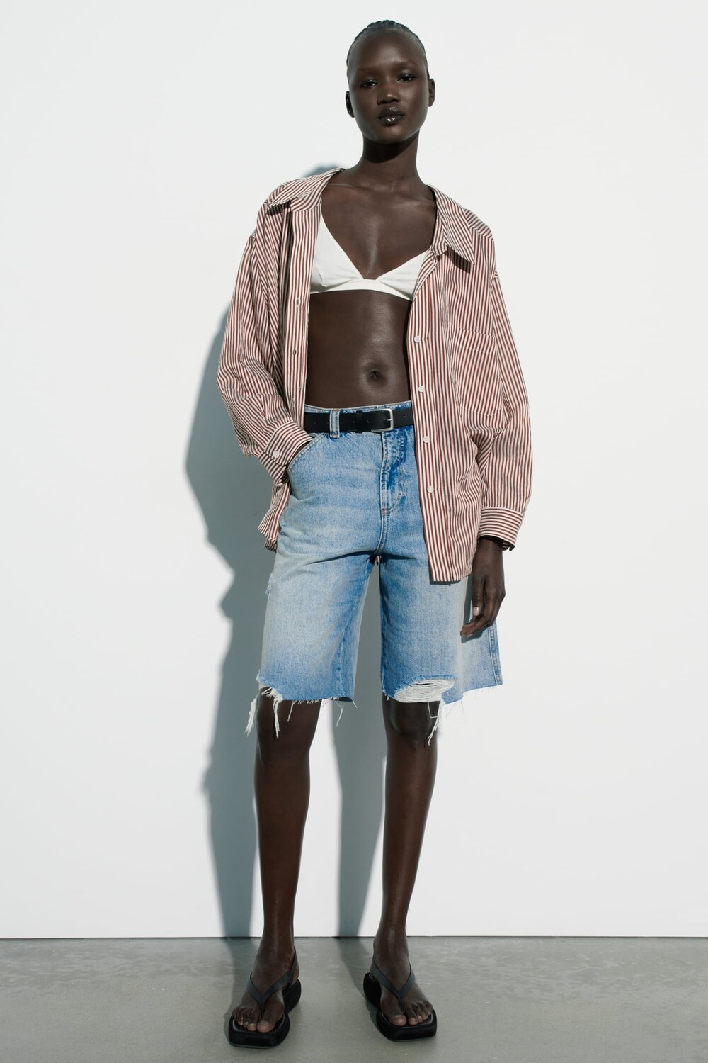 Рубашка в полоску ZARA, экру/коричневый