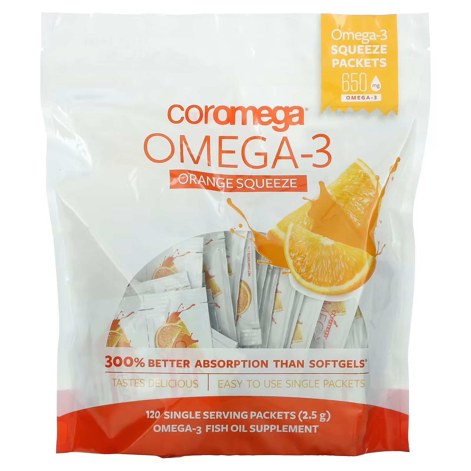 Coromega, Омега-3, апельсиновые пакетики для выдавливания, 120 пакетиков по 2,5 г (каждый) coromega омега 3 со вкусом апельсина 90 пакетиков 2 5 г каждый
