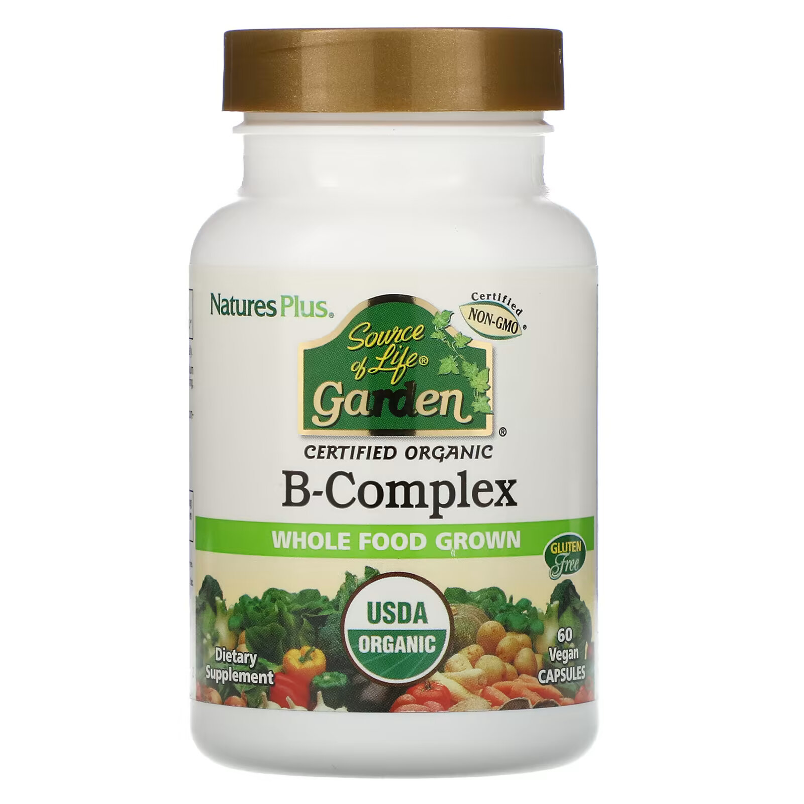 NaturesPlus, Source of Life Garden, сертифицированный органический комплекс витаминов группы B, 60 растительных капсул