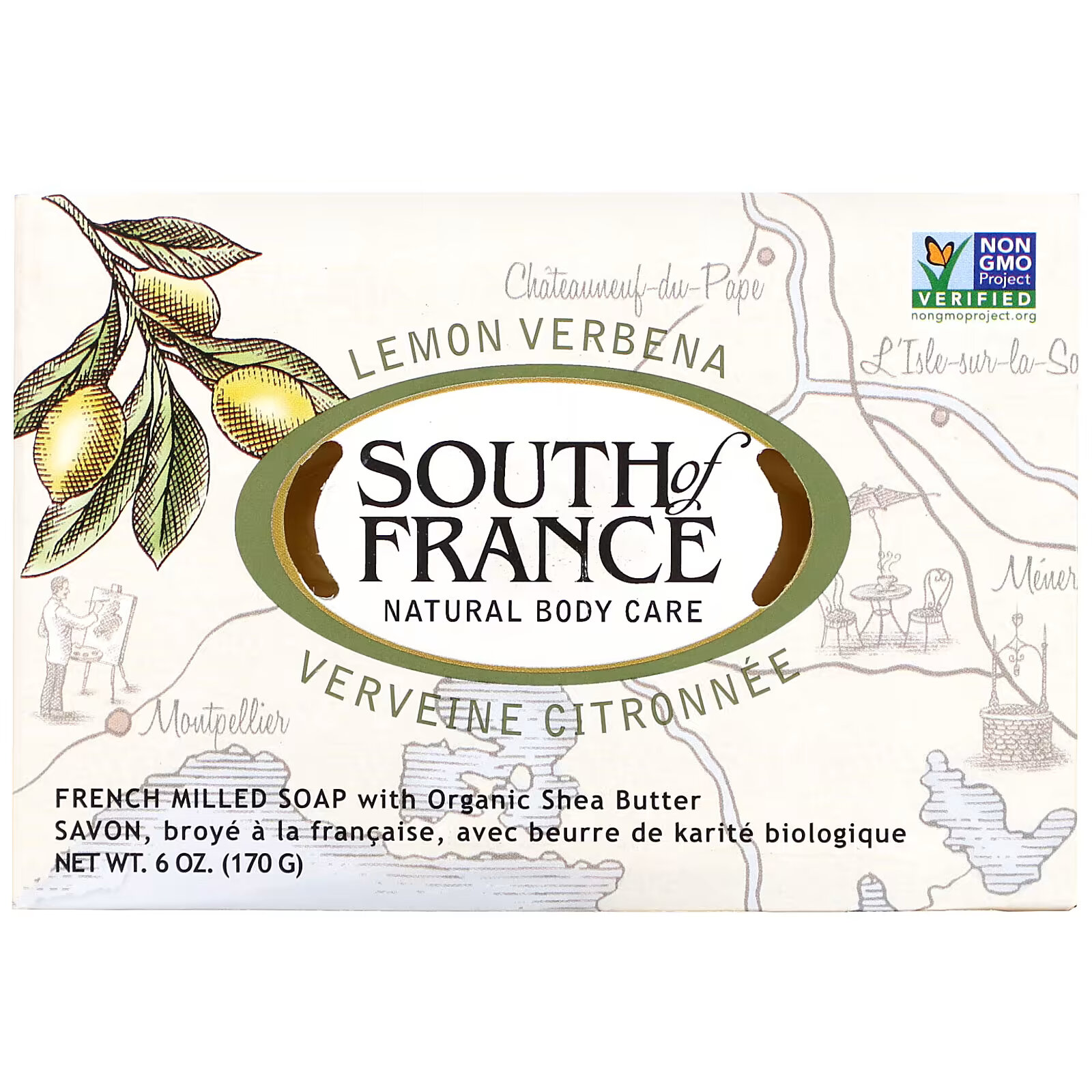 South of France, лимон и вербена, мыло с органическим маслом ши, изготовленное по французскому рецепту, 170 г (6 унций) south of france лавандовое поле мыло с органическим маслом ши изготовленное по французскому рецепту 170 г 6 унций