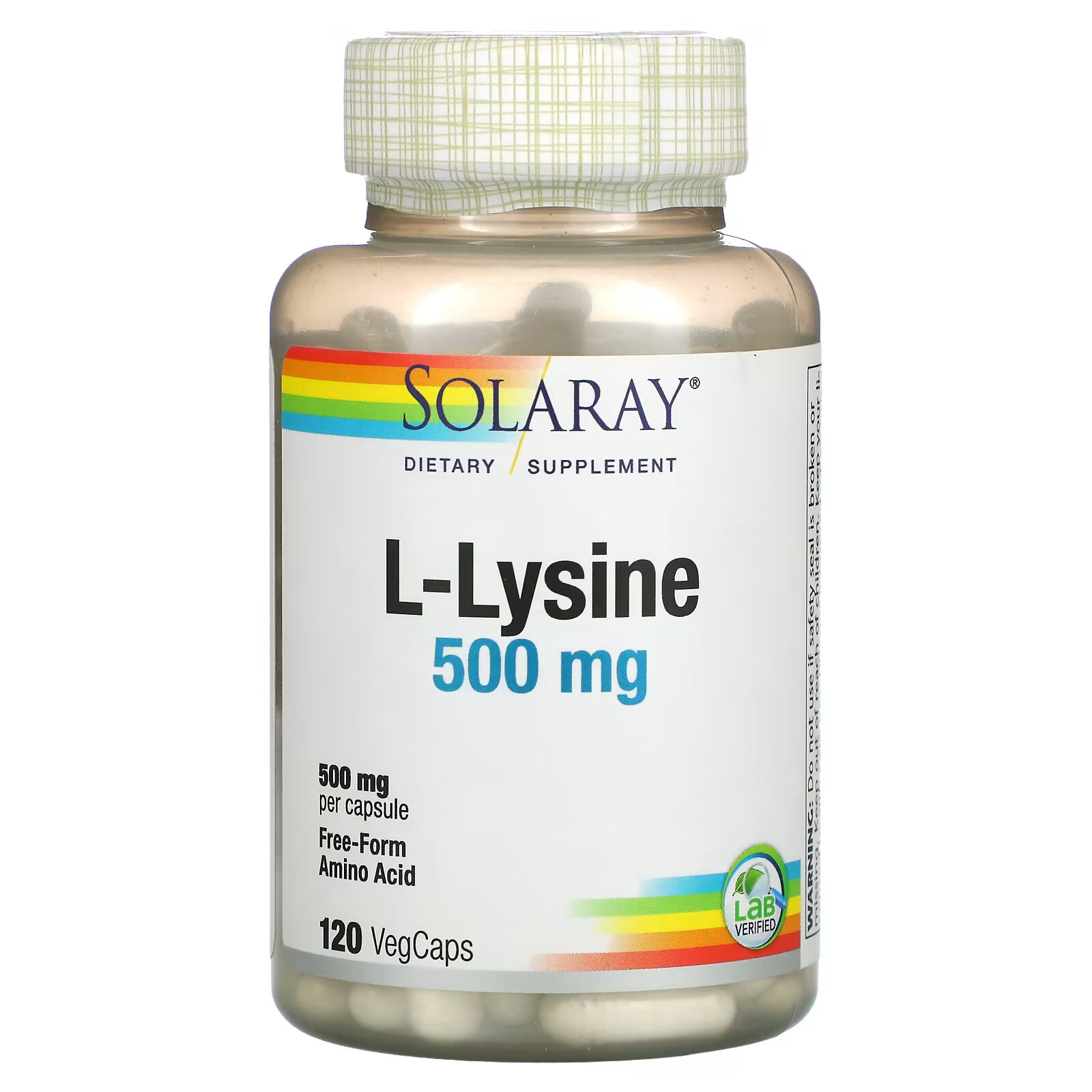 Solaray, L-лизин, 500 мг, 120 растительных капсул solaray l фенилаланин 500 мг 60 растительных капсул
