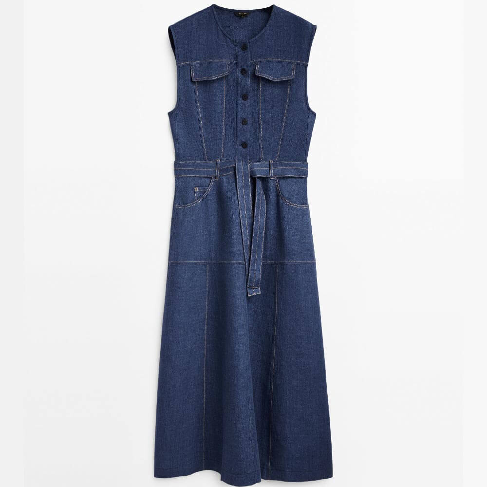 

Платье Massimo Dutti Sleeveless Linen With Topstitching, темно-синий