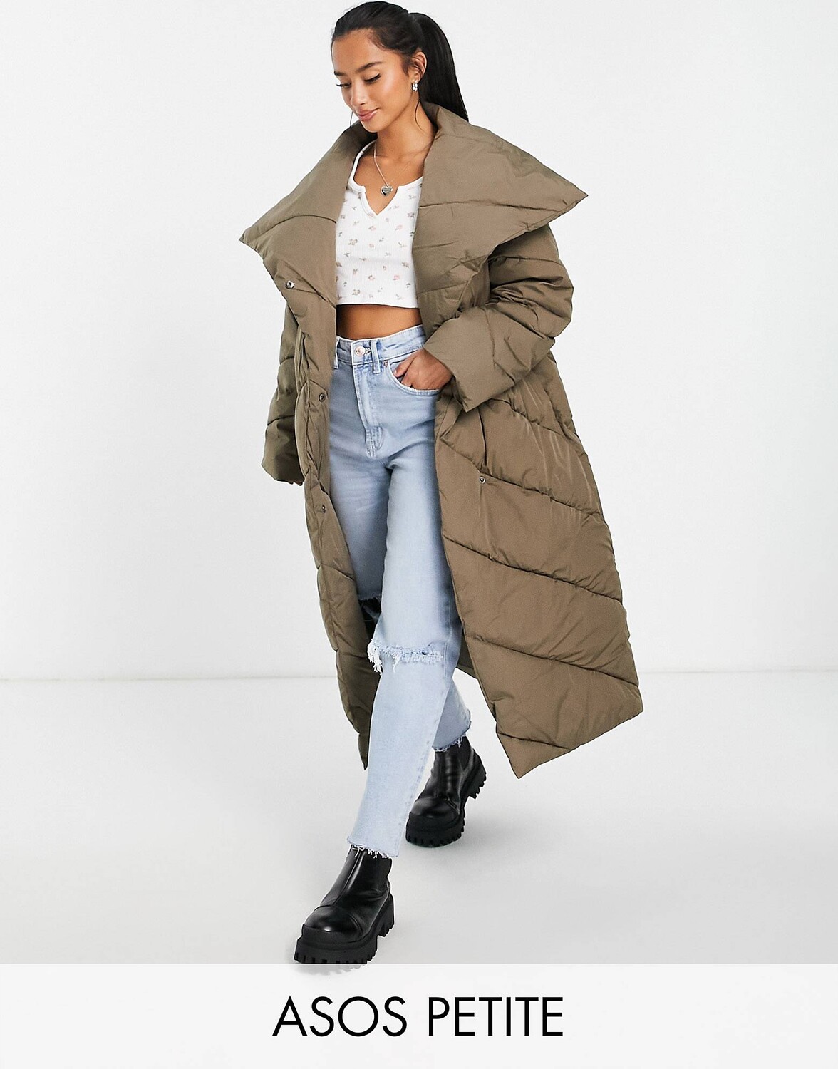 

Коричневый стеганый пуховик макси ASOS DESIGN Petite с водопадом - BROWN