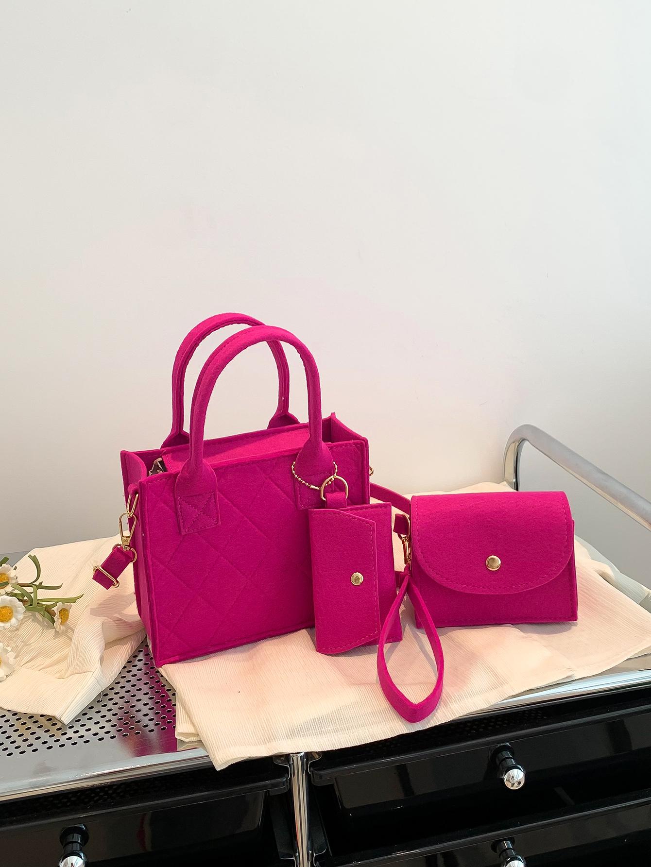 цена Мини-трехсекционная квадратная сумка с геометрическим узором на молнии и регулируемым плечевым ремнем с ручками, ярко-розовый