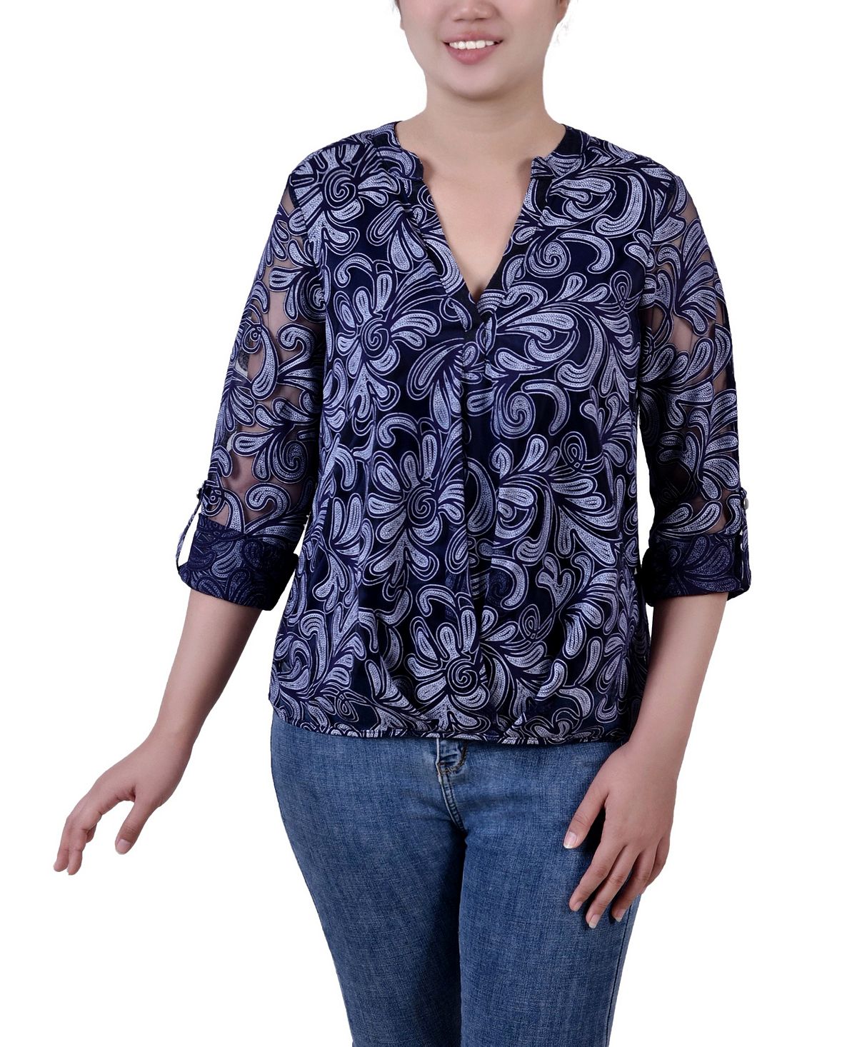 Миниатюрная блузка с y-образным вырезом и длинными рукавами burnout NY Collection, мульти