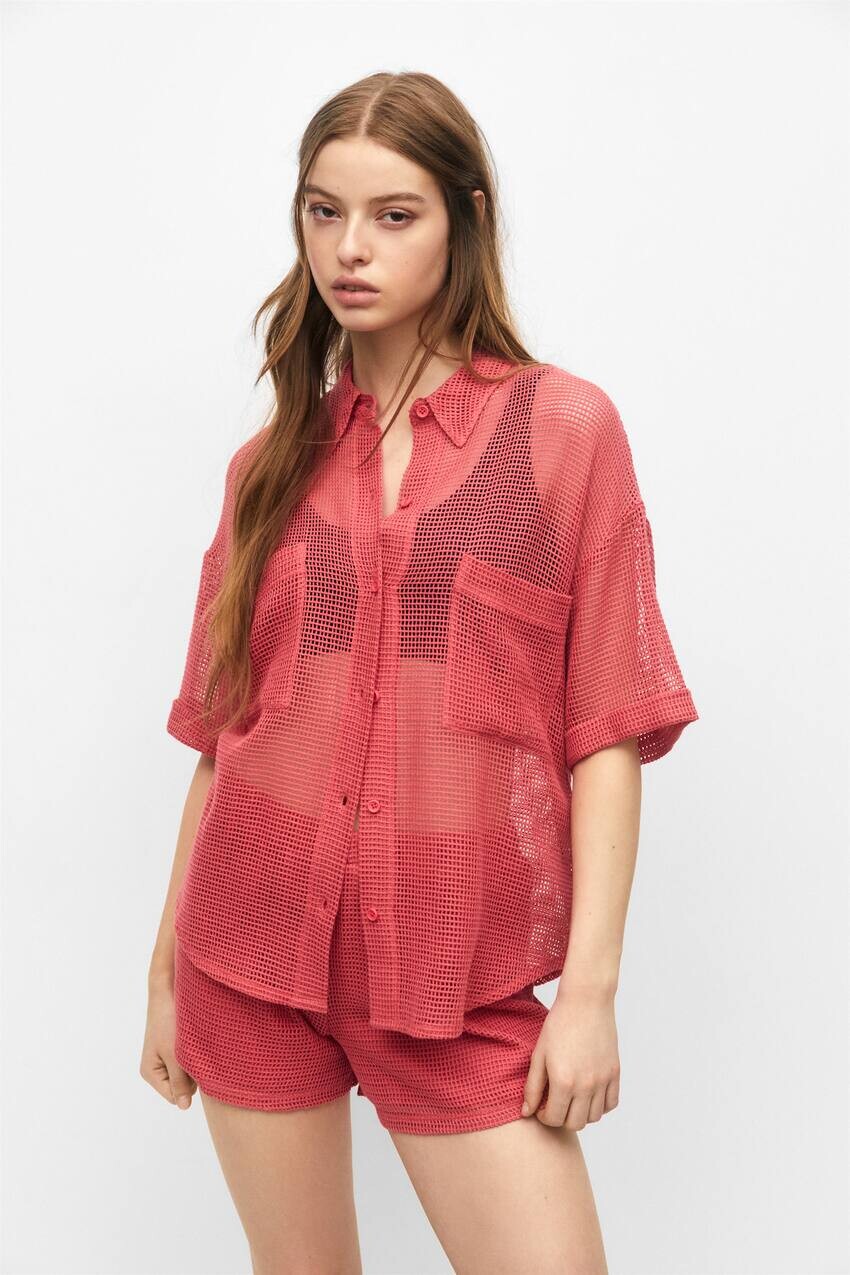 

Сетчатая рубашка с короткими рукавами Pull&Bear, красный