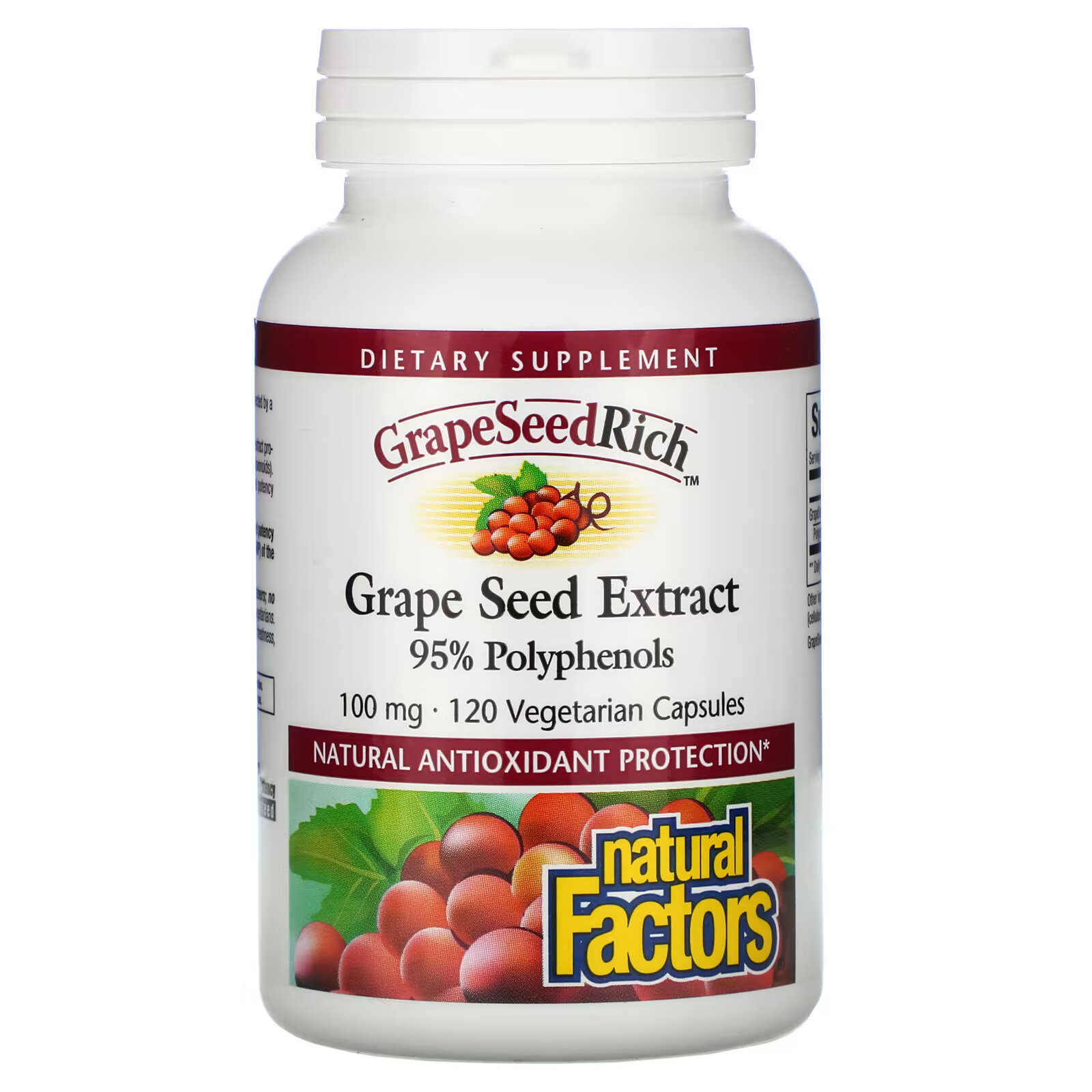 Natural Factors, GrapeSeedRich, экстракт виноградных косточек, 100 мг, 120 вегетарианских капсул natural factors wellbetx экстракт шелковицы 100 мг 90 капсул