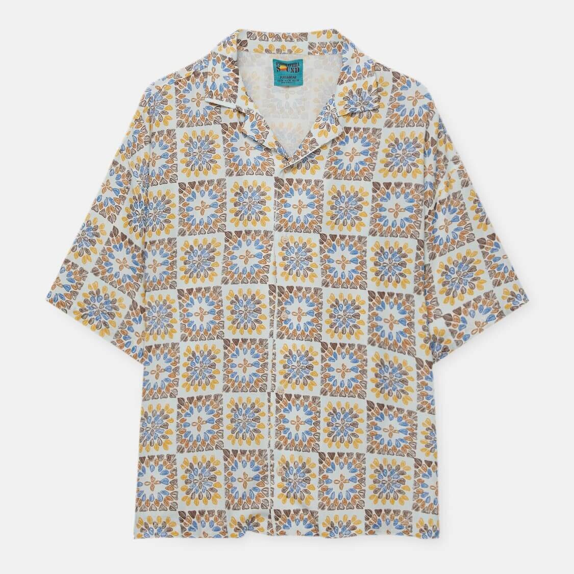 

Рубашка Pull&Bear Primavera Sound с принтом, бежевый/синий/желтый