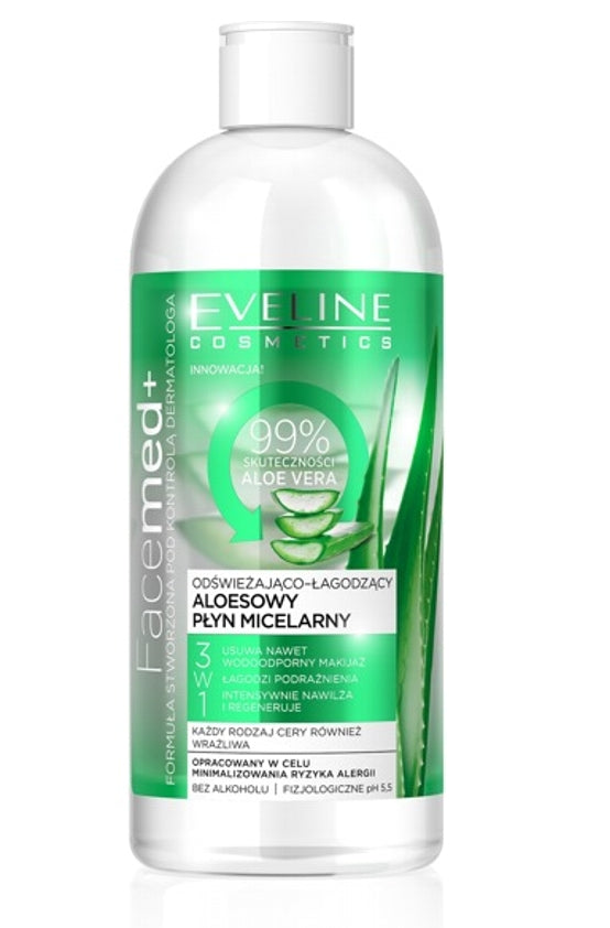 цена Eveline Cosmetics Facemed+ 3в1 освежающая и успокаивающая мицеллярная жидкость с алоэ вера 400мл