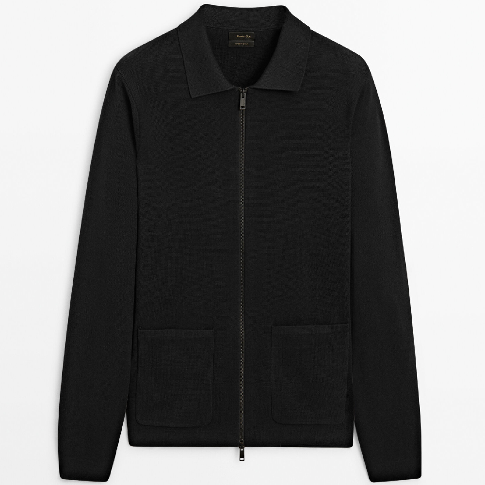 кардиган textured massimo dutti черный Кардиган Massimo Dutti Knit With Zip And Shirt Collar, черный