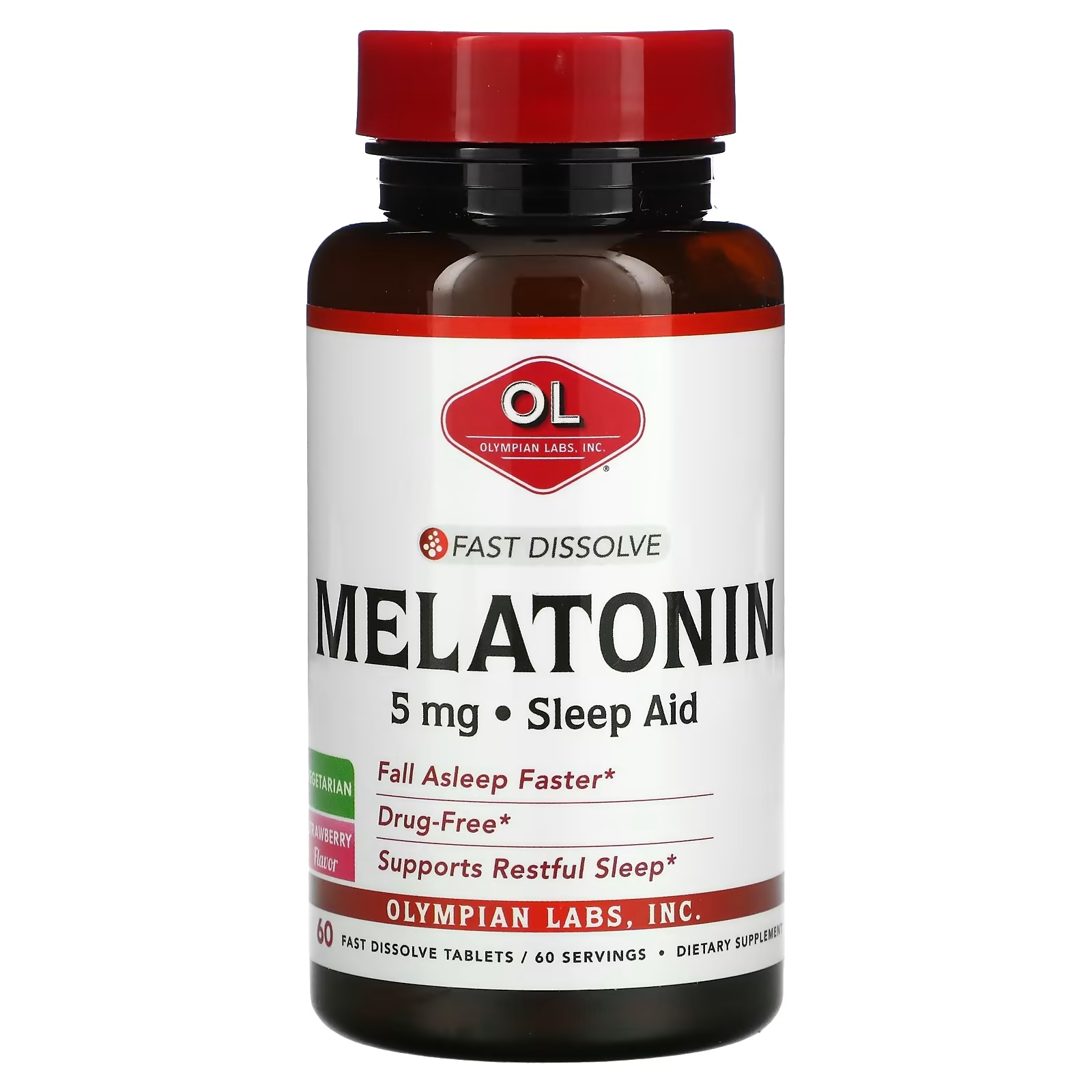 Olympian Labs Мелатонин быстрорастворимый вкус клубники 5 мг, 60 быстрорастворимых таблеток olympian labs мелатонин без спирта со вкусом винограда 1 мг 2 унц