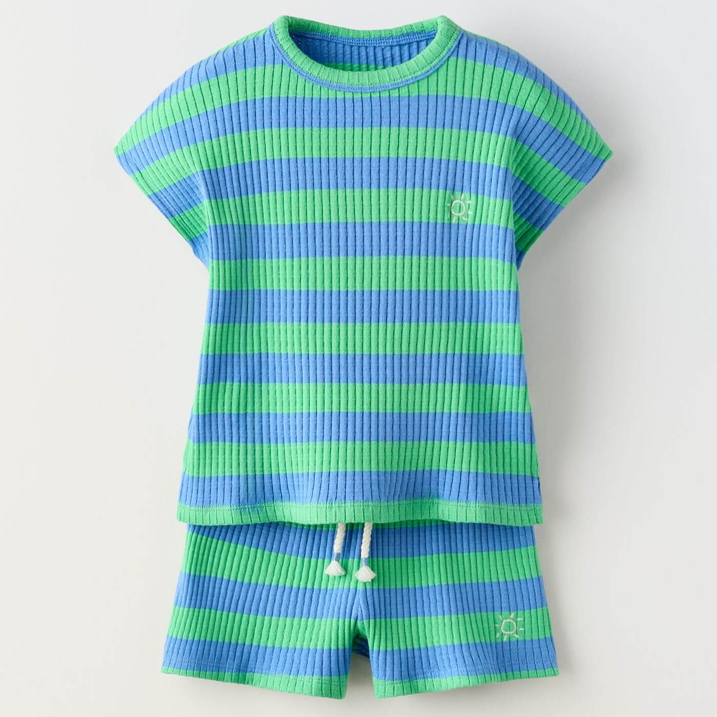 Комплект футболка + шорты Zara Striped Ribbed, зеленый/голубой