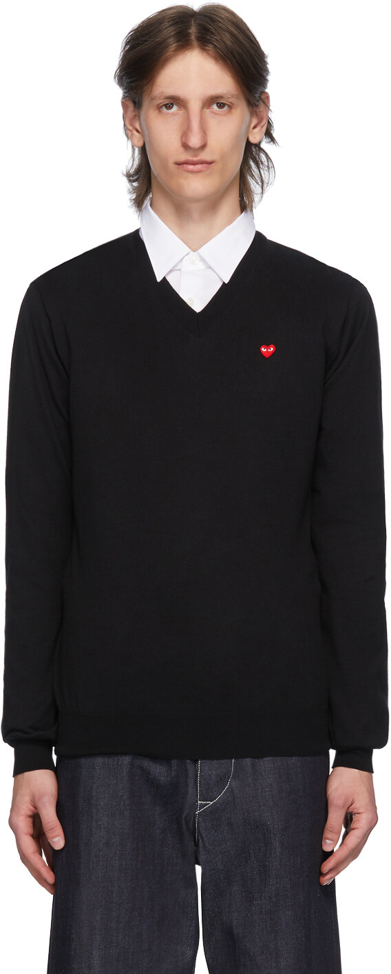 

Черно-красный свитер с v-образным вырезом и нашивкой в ​​форме сердца Comme des Garçons Play, Черный