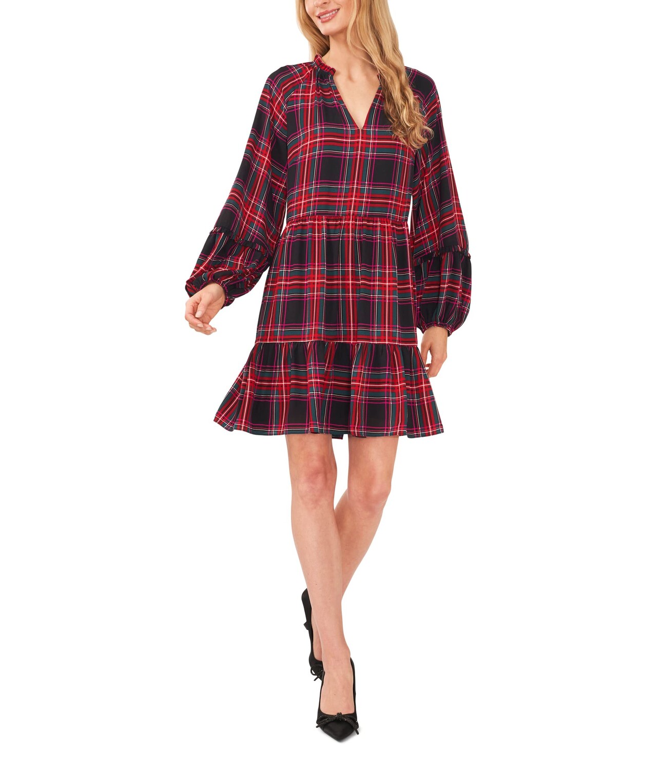 

Платье CeCe, V-Neck Plaid Babydoll Dress