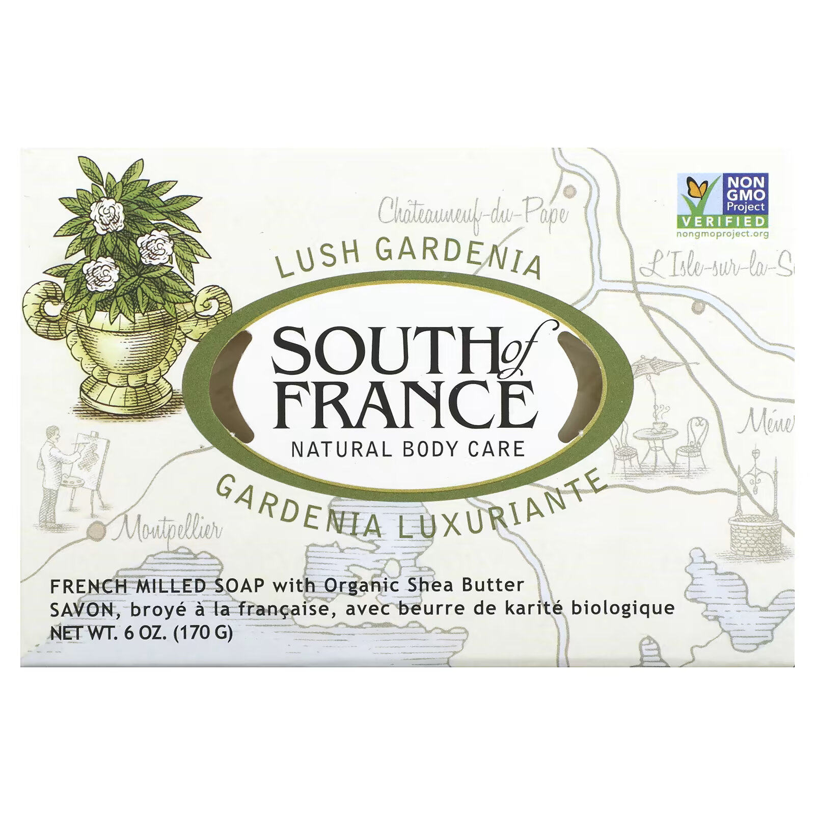 South of France, цветущая гардения, мыло с органическим маслом ши, изготовленное по французскому рецепту, 170 г (6 унций)
