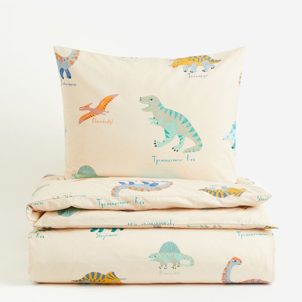 Комплект односпального постельного белья H&M Home Patterned Dinosaurs, светло-бежевый