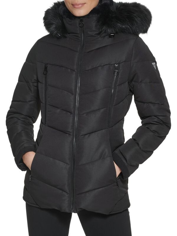 

Пуховик с капюшоном на подкладке из искусственного меха Guess Black, Серый