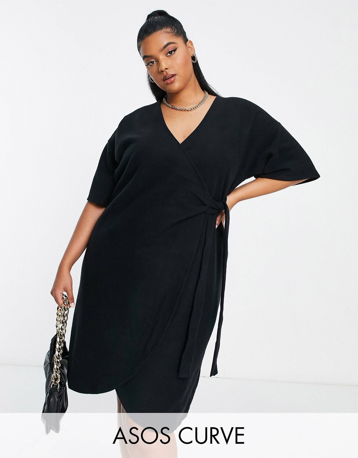 

Супермягкое платье-джемпер с запахом и поясом ASOS DESIGN Curve черного цвета