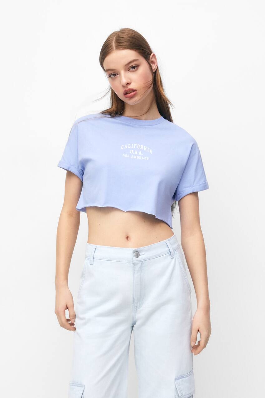 

Укороченная футболка с короткими рукавами Pull&Bear, бледно-голубой