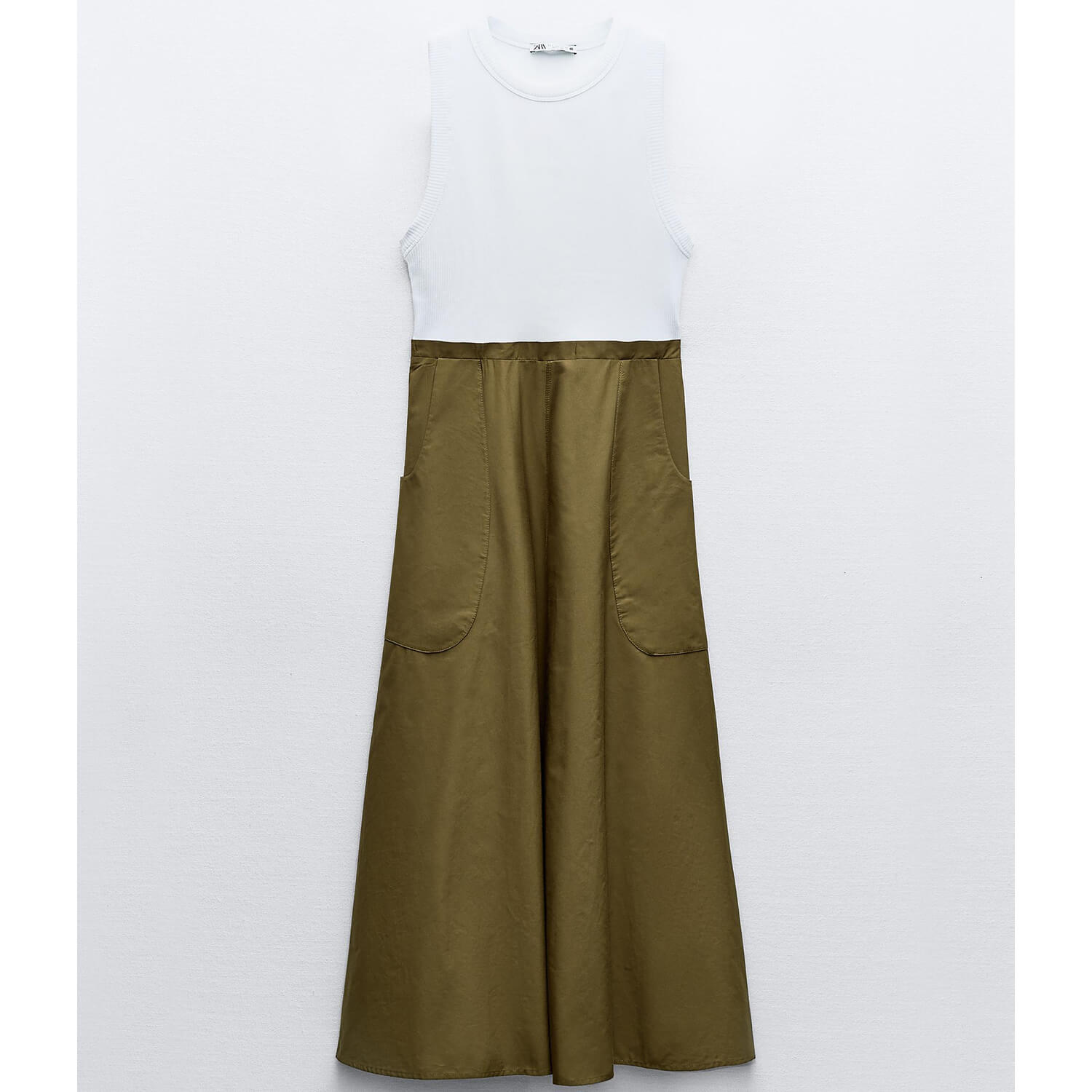 Платье Zara Contrast Midi With Pockets, белый/зеленый