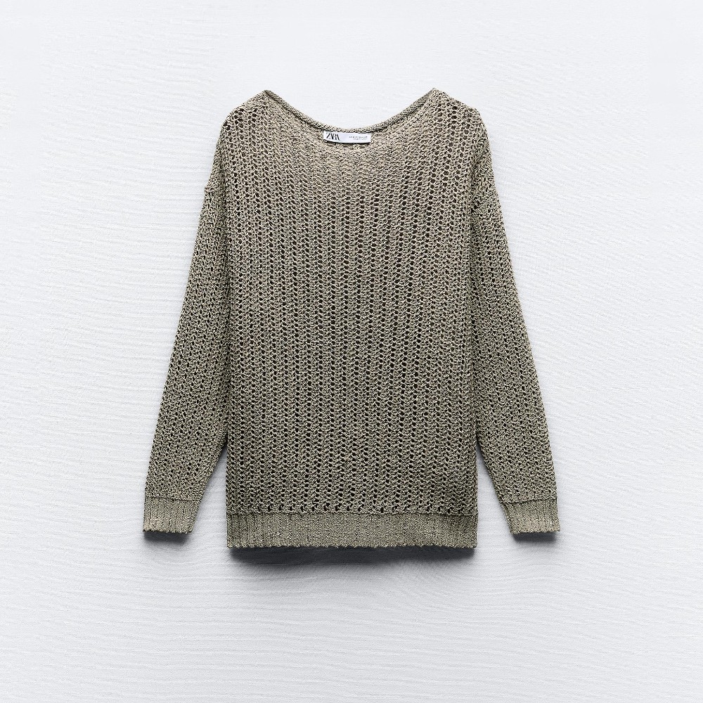 Свитер Zara Sequinned Open-knit, хаки топ zara short sleeve sequinned knit светло бежевый